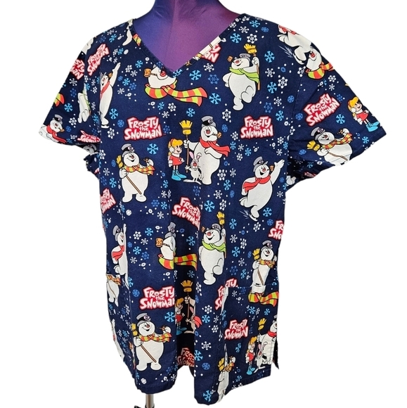 Frosty the Snowman Short Sleeve Medical Scrub Top Size 2X Unisex - Picture 7 of 7
